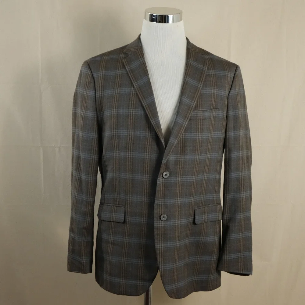 Johnston & Murphy Large Sport Coat 100% Wool Brown Plaid Two Button Double Ventd